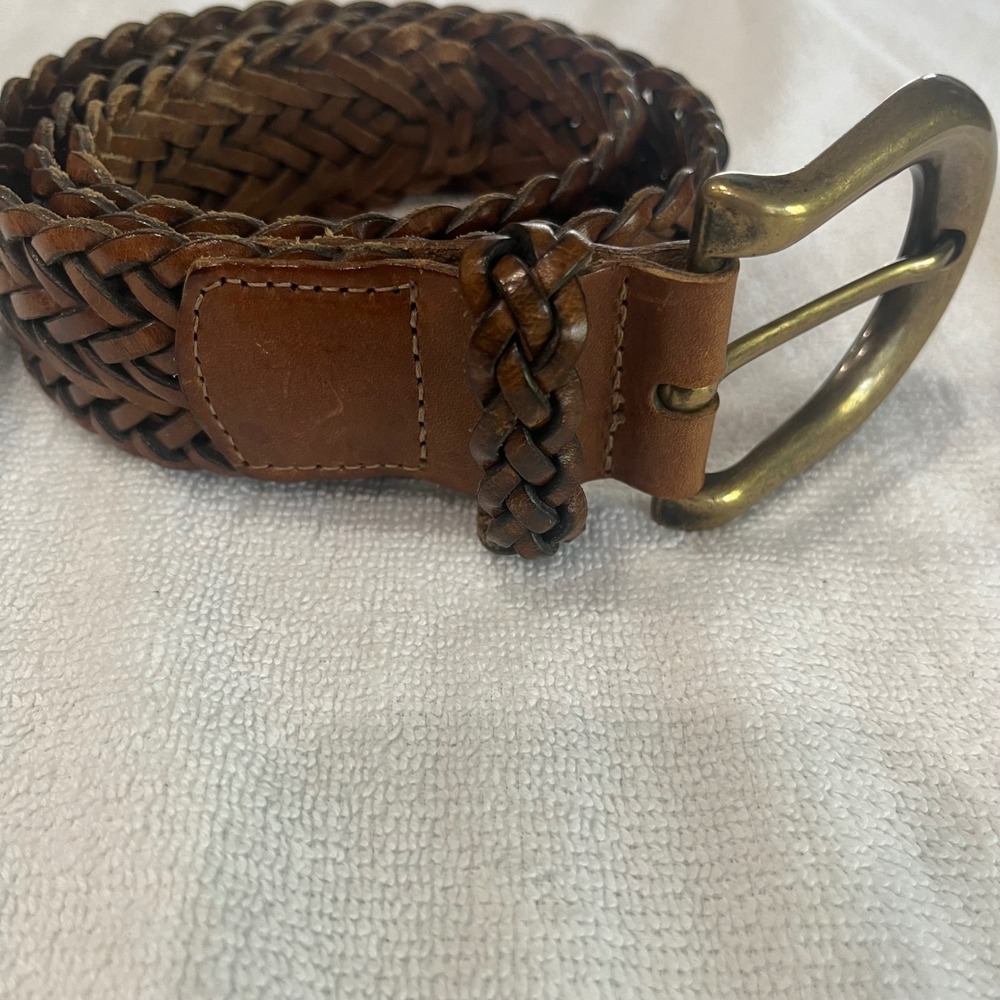 Vtg Lands End Cognac Brown Braided Woven Leather Belt Solid Brass Buckle